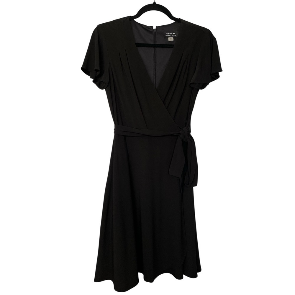 NWOT TAHARI ASL Flutter Sleeve Mock Wrap Knee Length Dress Black V-Neck 2 Small